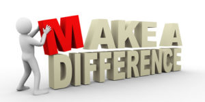 Graphic showing the three-dimensional text "Make a difference" being constructed by a person