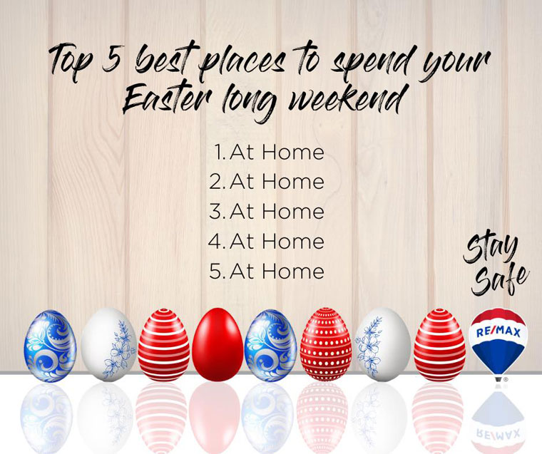Graphic with the text: "Top 5 best places to spend your Easter long weekend: 1. At Home, 2. At Home, 3. At Home, 4. At Home, 5. At Home"