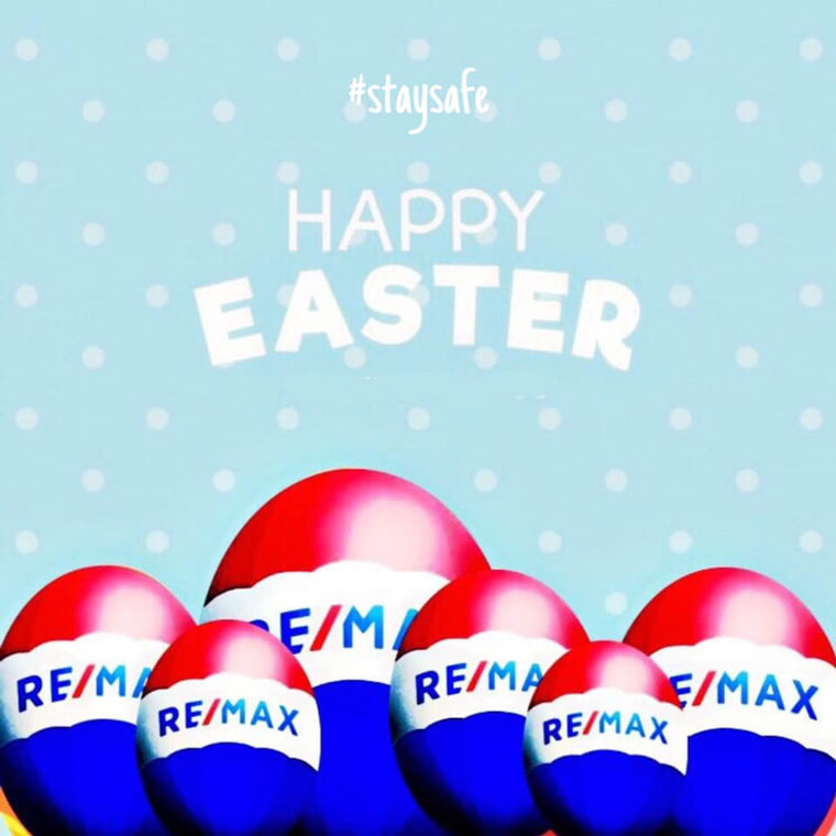 The RE/MAX logo and the text "Happy Easter" above Easter eggs decorated to look like the RE/MAX Balloon